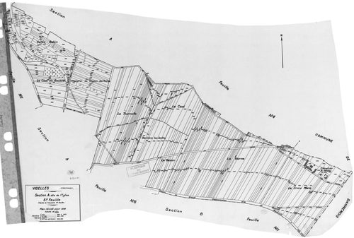 VIDELLES. - Cadastre révisé pour 1938 : plan du tableau d'assemblage, plans de la section A l'Eglise 1ère feuille, idem 2ème feuille, idem 3ème feuille, idem 4ème feuille, idem 5ème feuille, idem 6ème feuille, section B Mont-Moyen 1ère feuille, idem 2ème 