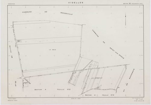 VIDELLES, plans minutes de conservation : tableau d'assemblage, 1938, Ech. 1/10000 ; plans des sections A1, A2, A4, A5, A6, B2, F2, 1938, Ech. 1/1250, section C, 1938, Ech. 1/2500, sections ZA, ZB, ZC, ZD, ZE, ZH, ZI, ZK, 1974, Ech. 1/2000. Polyester. N e