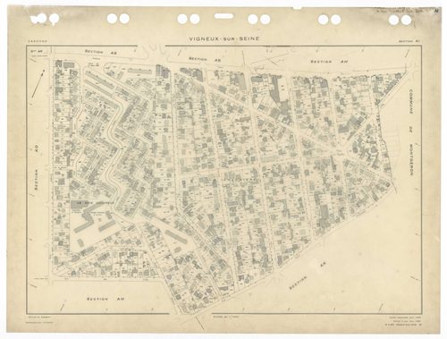 VIGNEUX-SUR-SEINE, plans minutes de conservation : tableau d'assemblage,1932, Ech. 1/10000 ; plans des sections AB, AC, AT, BA, 1958, Ech. 1/2000, sections AD, AE, AH, AI, AK, AL, AM, AN, AO, AP, AR, AS, AT, AV, Awan, 1958, Ech. 1/2000, section EU, 1958, 