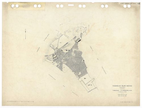 VIGNEUX-SUR-SEINE, plans minutes de conservation : tableau d'assemblage,1932, Ech. 1/10000 ; plans des sections AB, AC, AT, BA, 1958, Ech. 1/2000, sections AD, AE, AH, AI, AK, AL, AM, AN, AO, AP, AR, AS, AT, AV, Awan, 1958, Ech. 1/2000, section EU, 1958, 