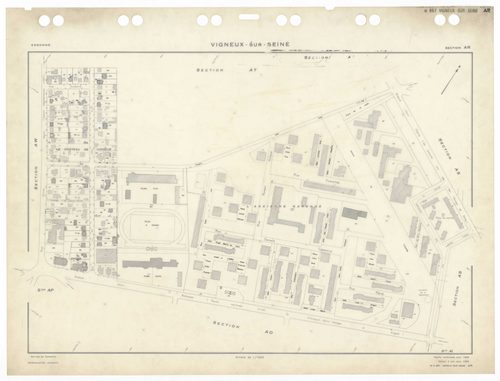 VIGNEUX-SUR-SEINE, plans minutes de conservation : tableau d'assemblage,1932, Ech. 1/10000 ; plans des sections AB, AC, AT, BA, 1958, Ech. 1/2000, sections AD, AE, AH, AI, AK, AL, AM, AN, AO, AP, AR, AS, AT, AV, Awan, 1958, Ech. 1/2000, section EU, 1958, 