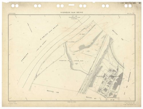 VIGNEUX-SUR-SEINE, plans minutes de conservation : tableau d'assemblage,1932, Ech. 1/10000 ; plans des sections AB, AC, AT, BA, 1958, Ech. 1/2000, sections AD, AE, AH, AI, AK, AL, AM, AN, AO, AP, AR, AS, AT, AV, Awan, 1958, Ech. 1/2000, section EU, 1958, 