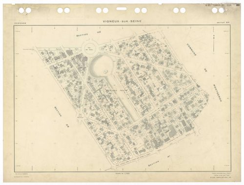 VIGNEUX-SUR-SEINE, plans minutes de conservation : tableau d'assemblage,1932, Ech. 1/10000 ; plans des sections AB, AC, AT, BA, 1958, Ech. 1/2000, sections AD, AE, AH, AI, AK, AL, AM, AN, AO, AP, AR, AS, AT, AV, Awan, 1958, Ech. 1/2000, section EU, 1958, 