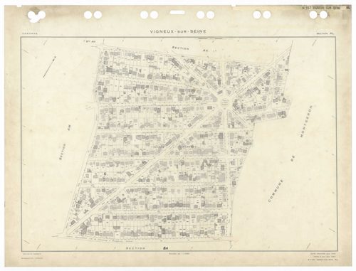 VIGNEUX-SUR-SEINE, plans minutes de conservation : tableau d'assemblage,1932, Ech. 1/10000 ; plans des sections AB, AC, AT, BA, 1958, Ech. 1/2000, sections AD, AE, AH, AI, AK, AL, AM, AN, AO, AP, AR, AS, AT, AV, Awan, 1958, Ech. 1/2000, section EU, 1958, 