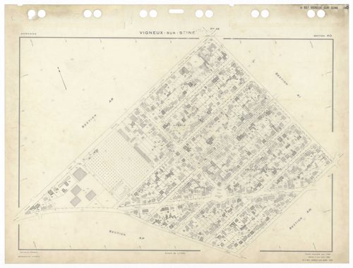 VIGNEUX-SUR-SEINE, plans minutes de conservation : tableau d'assemblage,1932, Ech. 1/10000 ; plans des sections AB, AC, AT, BA, 1958, Ech. 1/2000, sections AD, AE, AH, AI, AK, AL, AM, AN, AO, AP, AR, AS, AT, AV, Awan, 1958, Ech. 1/2000, section EU, 1958, 