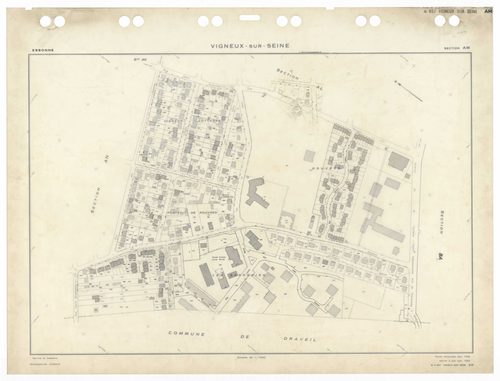 VIGNEUX-SUR-SEINE, plans minutes de conservation : tableau d'assemblage,1932, Ech. 1/10000 ; plans des sections AB, AC, AT, BA, 1958, Ech. 1/2000, sections AD, AE, AH, AI, AK, AL, AM, AN, AO, AP, AR, AS, AT, AV, Awan, 1958, Ech. 1/2000, section EU, 1958, 