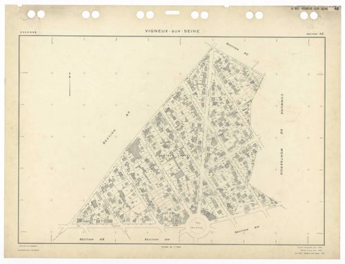 VIGNEUX-SUR-SEINE, plans minutes de conservation : tableau d'assemblage,1932, Ech. 1/10000 ; plans des sections AB, AC, AT, BA, 1958, Ech. 1/2000, sections AD, AE, AH, AI, AK, AL, AM, AN, AO, AP, AR, AS, AT, AV, Awan, 1958, Ech. 1/2000, section EU, 1958, 
