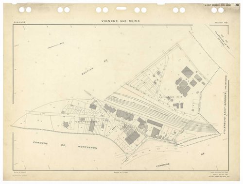 VIGNEUX-SUR-SEINE, plans minutes de conservation : tableau d'assemblage,1932, Ech. 1/10000 ; plans des sections AB, AC, AT, BA, 1958, Ech. 1/2000, sections AD, AE, AH, AI, AK, AL, AM, AN, AO, AP, AR, AS, AT, AV, Awan, 1958, Ech. 1/2000, section EU, 1958, 