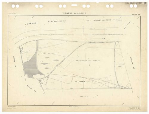 VIGNEUX-SUR-SEINE, plans minutes de conservation : tableau d'assemblage,1932, Ech. 1/10000 ; plans des sections AB, AC, AT, BA, 1958, Ech. 1/2000, sections AD, AE, AH, AI, AK, AL, AM, AN, AO, AP, AR, AS, AT, AV, Awan, 1958, Ech. 1/2000, section EU, 1958, 