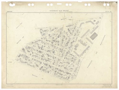 VIGNEUX-SUR-SEINE, plans minutes de conservation : tableau d'assemblage,1932, Ech. 1/10000 ; plans des sections AB, AC, AT, BA, 1958, Ech. 1/2000, sections AD, AE, AH, AI, AK, AL, AM, AN, AO, AP, AR, AS, AT, AV, Awan, 1958, Ech. 1/2000, section EU, 1958, 