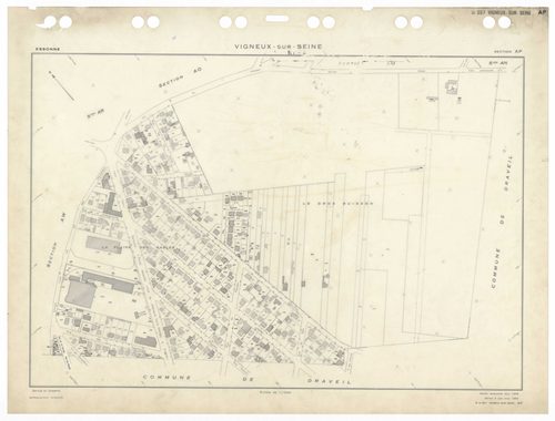 VIGNEUX-SUR-SEINE, plans minutes de conservation : tableau d'assemblage,1932, Ech. 1/10000 ; plans des sections AB, AC, AT, BA, 1958, Ech. 1/2000, sections AD, AE, AH, AI, AK, AL, AM, AN, AO, AP, AR, AS, AT, AV, Awan, 1958, Ech. 1/2000, section EU, 1958, 