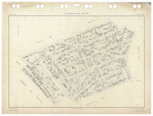 VIGNEUX-SUR-SEINE, plans minutes de conservation : tableau d'assemblage,1932, Ech. 1/10000 ; plans des sections AB, AC, AT, BA, 1958, Ech. 1/2000, sections AD, AE, AH, AI, AK, AL, AM, AN, AO, AP, AR, AS, AT, AV, Awan, 1958, Ech. 1/2000, section EU, 1958, 