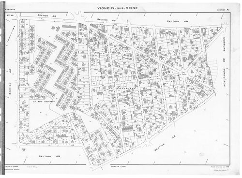 VIGNEUX-SUR-SEINE. - Cadastre révisé pour 1958 : plan du tableau d'assemblage, plans de la section AI, section AL, section AN, section AO, section AR, section AS, section AT, section AW, [9 plans]. 