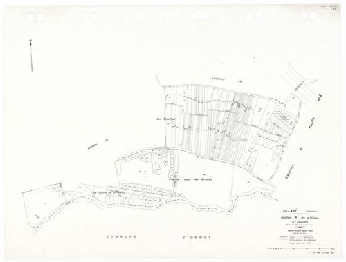 VILLABE, plans minutes de conservation : tableau d'assemblage,1937, Ech. 1/5000 ; plans des sections A2, 1937, Ech. 1/2500, sections A3, B1, B3, B4, 1937, Ech. 1/1250, sections AA, AB, AC, AD, AE, AH, AI, AK, AL, AM, AN, 1996, Ech. 1/1000. Polyester. N et