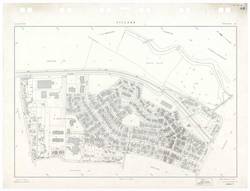 VILLABE, plans minutes de conservation : tableau d'assemblage,1937, Ech. 1/5000 ; plans des sections A2, 1937, Ech. 1/2500, sections A3, B1, B3, B4, 1937, Ech. 1/1250, sections AA, AB, AC, AD, AE, AH, AI, AK, AL, AM, AN, 1996, Ech. 1/1000. Polyester. N et