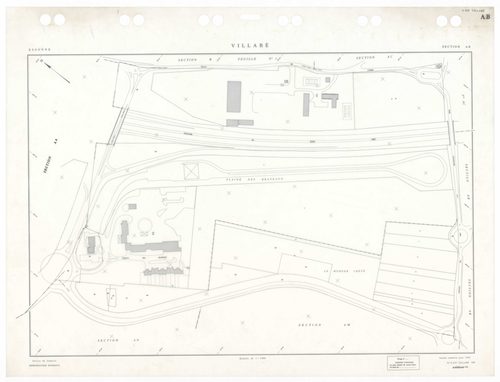 VILLABE, plans minutes de conservation : tableau d'assemblage,1937, Ech. 1/5000 ; plans des sections A2, 1937, Ech. 1/2500, sections A3, B1, B3, B4, 1937, Ech. 1/1250, sections AA, AB, AC, AD, AE, AH, AI, AK, AL, AM, AN, 1996, Ech. 1/1000. Polyester. N et
