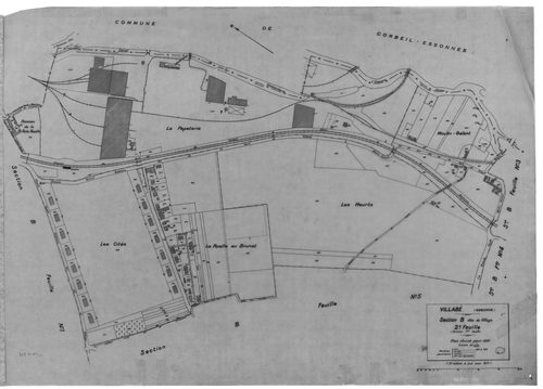 VILLABE. - Cadastre révisé pour 1937 : plan du tableau d'assemblage, plans de la section A 1ère feuille, idem 2ème feuille, idem 3ème feuille, section B le Village 1ère feuille, idem 2ème feuille, idem 3ème feuille, idem 4ème feuille, idem 5ème feuille ; 