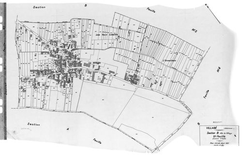 VILLABE. - Cadastre révisé pour 1937 : plan du tableau d'assemblage, plans de la section A 1ère feuille, idem 2ème feuille, idem 3ème feuille, section B le Village 1ère feuille, idem 2ème feuille, idem 3ème feuille, idem 4ème feuille, idem 5ème feuille ; 