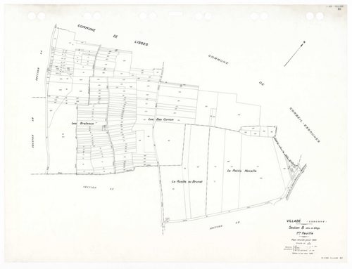 VILLABE, plans minutes de conservation : tableau d'assemblage,1937, Ech. 1/5000 ; plans des sections A2, 1937, Ech. 1/2500, sections A3, B1, B3, B4, 1937, Ech. 1/1250, sections AA, AB, AC, AD, AE, AH, AI, AK, AL, AM, AN, 1996, Ech. 1/1000. Polyester. N et