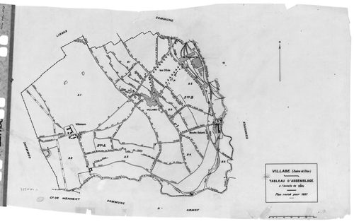 VILLABE. - Cadastre révisé pour 1937 : plan du tableau d'assemblage, plans de la section A 1ère feuille, idem 2ème feuille, idem 3ème feuille, section B le Village 1ère feuille, idem 2ème feuille, idem 3ème feuille, idem 4ème feuille, idem 5ème feuille ; 