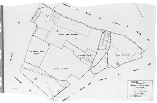 VILLABE. - Cadastre révisé pour 1937 : plan du tableau d'assemblage, plans de la section A 1ère feuille, idem 2ème feuille, idem 3ème feuille, section B le Village 1ère feuille, idem 2ème feuille, idem 3ème feuille, idem 4ème feuille, idem 5ème feuille ; 