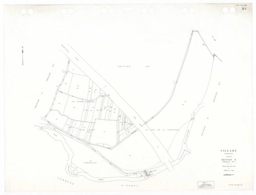 VILLABE, plans minutes de conservation : tableau d'assemblage,1937, Ech. 1/5000 ; plans des sections A2, 1937, Ech. 1/2500, sections A3, B1, B3, B4, 1937, Ech. 1/1250, sections AA, AB, AC, AD, AE, AH, AI, AK, AL, AM, AN, 1996, Ech. 1/1000. Polyester. N et