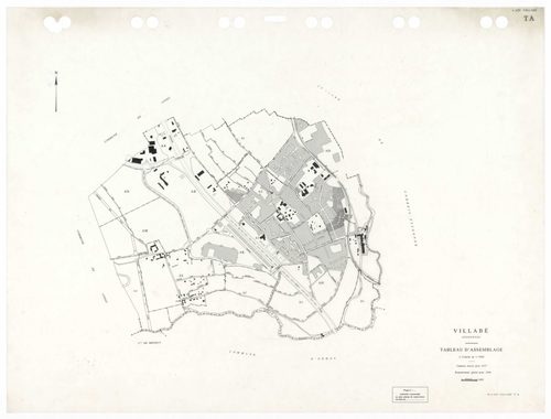 VILLABE, plans minutes de conservation : tableau d'assemblage,1937, Ech. 1/5000 ; plans des sections A2, 1937, Ech. 1/2500, sections A3, B1, B3, B4, 1937, Ech. 1/1250, sections AA, AB, AC, AD, AE, AH, AI, AK, AL, AM, AN, 1996, Ech. 1/1000. Polyester. N et
