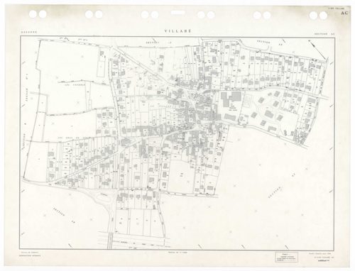 VILLABE, plans minutes de conservation : tableau d'assemblage,1937, Ech. 1/5000 ; plans des sections A2, 1937, Ech. 1/2500, sections A3, B1, B3, B4, 1937, Ech. 1/1250, sections AA, AB, AC, AD, AE, AH, AI, AK, AL, AM, AN, 1996, Ech. 1/1000. Polyester. N et