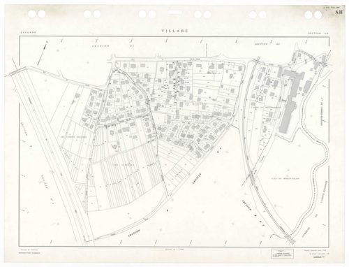 VILLABE, plans minutes de conservation : tableau d'assemblage,1937, Ech. 1/5000 ; plans des sections A2, 1937, Ech. 1/2500, sections A3, B1, B3, B4, 1937, Ech. 1/1250, sections AA, AB, AC, AD, AE, AH, AI, AK, AL, AM, AN, 1996, Ech. 1/1000. Polyester. N et