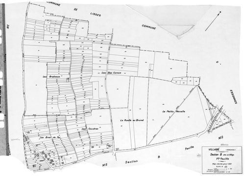 VILLABE. - Cadastre révisé pour 1937 : plan du tableau d'assemblage, plans de la section A 1ère feuille, idem 2ème feuille, idem 3ème feuille, section B le Village 1ère feuille, idem 2ème feuille, idem 3ème feuille, idem 4ème feuille, idem 5ème feuille ; 