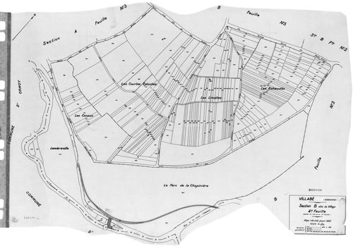 VILLABE. - Cadastre révisé pour 1937 : plan du tableau d'assemblage, plans de la section A 1ère feuille, idem 2ème feuille, idem 3ème feuille, section B le Village 1ère feuille, idem 2ème feuille, idem 3ème feuille, idem 4ème feuille, idem 5ème feuille ; 