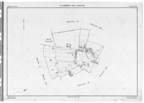 VILLEBON-SUR-YVETTE . - Cadastre de 1808 mis à jour pour 1957 : plans de la section A, section B, section D 1ère feuille, idem 2ème feuille, section E 1ère feuille, idem 2ème feuille ; cadastre renouvelé pour 1957 : plans de la section AB, section AC, sec
