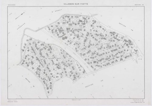VILLEBON-SUR-YVETTE, plans minutes de conservation : tableau d'assemblage,1957, Ech. 1/10000 ; plans des sections A, B, D1, D2, E1, E2, 1957, Ech. 1/1250, sections AB, AC, AD, AE, AH, AI, AL, 1957, Ech. 1/1000, section AK, 1957, Ech. 1/2000, section AN, 1