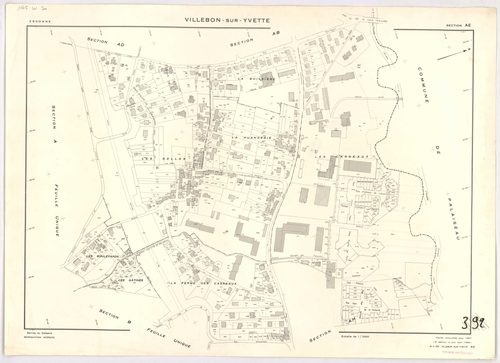 VILLEBON-SUR-YVETTE. - Cadastre révisé pour 1957 : plan du tableau d'assemblage ; plan révisé pour 1957, à jour pour 1976 (2ème, 3ème édition) : plans des sections A, B, D, E (feuilles 1-2) et D ; plan révisé pour 1957, à jour pour 1982 (3ème édition) : p
