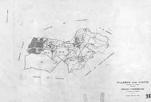 VILLEBON-SUR-YVETTE. - Cadastre révisé pour 1957 : plan du tableau d'assemblage ; plan révisé pour 1957, à jour pour 1976 (2ème, 3ème édition) : plans des sections A, B, D, E (feuilles 1-2) et D ; plan révisé pour 1957, à jour pour 1982 (3ème édition) : p