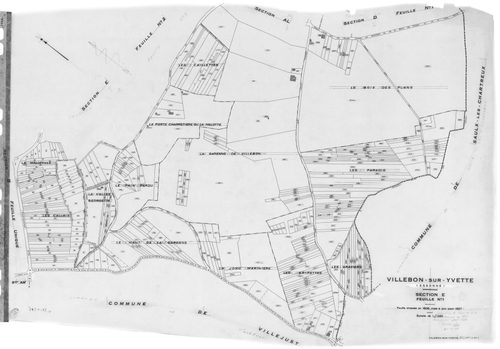 VILLEBON-SUR-YVETTE . - Cadastre de 1808 mis à jour pour 1957 : plans de la section A, section B, section D 1ère feuille, idem 2ème feuille, section E 1ère feuille, idem 2ème feuille ; cadastre renouvelé pour 1957 : plans de la section AB, section AC, sec