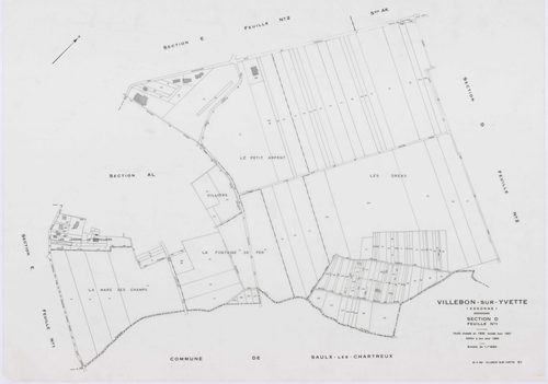 VILLEBON-SUR-YVETTE, plans minutes de conservation : tableau d'assemblage,1957, Ech. 1/10000 ; plans des sections A, B, D1, D2, E1, E2, 1957, Ech. 1/1250, sections AB, AC, AD, AE, AH, AI, AL, 1957, Ech. 1/1000, section AK, 1957, Ech. 1/2000, section AN, 1