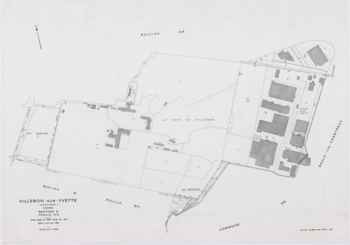 VILLEBON-SUR-YVETTE, plans minutes de conservation : tableau d'assemblage,1957, Ech. 1/10000 ; plans des sections A, B, D1, D2, E1, E2, 1957, Ech. 1/1250, sections AB, AC, AD, AE, AH, AI, AL, 1957, Ech. 1/1000, section AK, 1957, Ech. 1/2000, section AN, 1