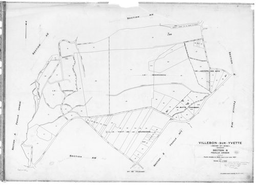 VILLEBON-SUR-YVETTE . - Cadastre de 1808 mis à jour pour 1957 : plans de la section A, section B, section D 1ère feuille, idem 2ème feuille, section E 1ère feuille, idem 2ème feuille ; cadastre renouvelé pour 1957 : plans de la section AB, section AC, sec