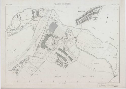 VILLEBON-SUR-YVETTE, plans minutes de conservation : tableau d'assemblage,1957, Ech. 1/10000 ; plans des sections A, B, D1, D2, E1, E2, 1957, Ech. 1/1250, sections AB, AC, AD, AE, AH, AI, AL, 1957, Ech. 1/1000, section AK, 1957, Ech. 1/2000, section AN, 1