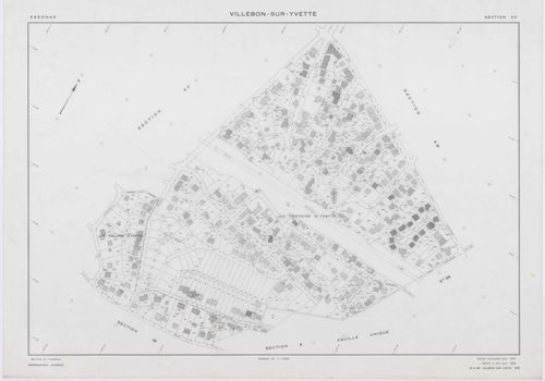 VILLEBON-SUR-YVETTE, plans minutes de conservation : tableau d'assemblage,1957, Ech. 1/10000 ; plans des sections A, B, D1, D2, E1, E2, 1957, Ech. 1/1250, sections AB, AC, AD, AE, AH, AI, AL, 1957, Ech. 1/1000, section AK, 1957, Ech. 1/2000, section AN, 1