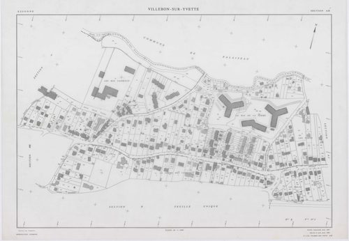 VILLEBON-SUR-YVETTE, plans minutes de conservation : tableau d'assemblage,1957, Ech. 1/10000 ; plans des sections A, B, D1, D2, E1, E2, 1957, Ech. 1/1250, sections AB, AC, AD, AE, AH, AI, AL, 1957, Ech. 1/1000, section AK, 1957, Ech. 1/2000, section AN, 1