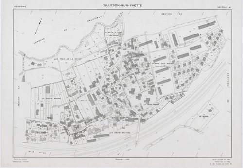 VILLEBON-SUR-YVETTE, plans minutes de conservation : tableau d'assemblage,1957, Ech. 1/10000 ; plans des sections A, B, D1, D2, E1, E2, 1957, Ech. 1/1250, sections AB, AC, AD, AE, AH, AI, AL, 1957, Ech. 1/1000, section AK, 1957, Ech. 1/2000, section AN, 1