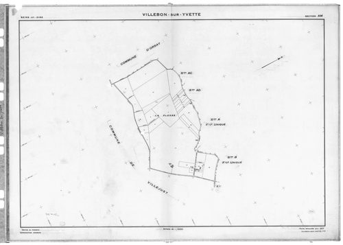 VILLEBON-SUR-YVETTE . - Cadastre de 1808 mis à jour pour 1957 : plans de la section A, section B, section D 1ère feuille, idem 2ème feuille, section E 1ère feuille, idem 2ème feuille ; cadastre renouvelé pour 1957 : plans de la section AB, section AC, sec