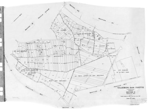 VILLEBON-SUR-YVETTE . - Cadastre de 1808 mis à jour pour 1957 : plans de la section A, section B, section D 1ère feuille, idem 2ème feuille, section E 1ère feuille, idem 2ème feuille ; cadastre renouvelé pour 1957 : plans de la section AB, section AC, sec