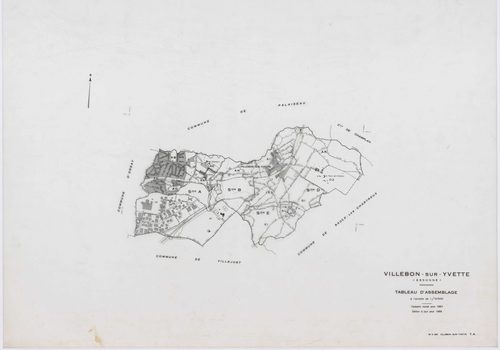 VILLEBON-SUR-YVETTE, plans minutes de conservation : tableau d'assemblage,1957, Ech. 1/10000 ; plans des sections A, B, D1, D2, E1, E2, 1957, Ech. 1/1250, sections AB, AC, AD, AE, AH, AI, AL, 1957, Ech. 1/1000, section AK, 1957, Ech. 1/2000, section AN, 1