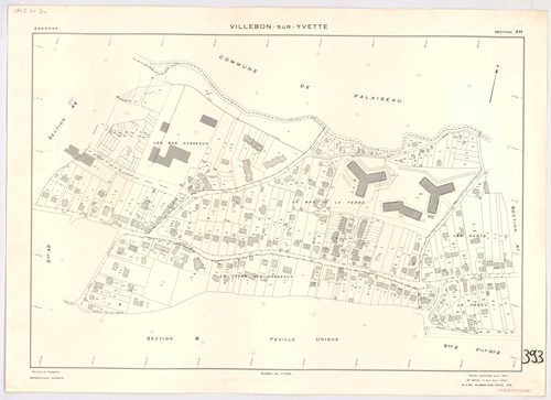 VILLEBON-SUR-YVETTE. - Cadastre révisé pour 1957 : plan du tableau d'assemblage ; plan révisé pour 1957, à jour pour 1976 (2ème, 3ème édition) : plans des sections A, B, D, E (feuilles 1-2) et D ; plan révisé pour 1957, à jour pour 1982 (3ème édition) : p