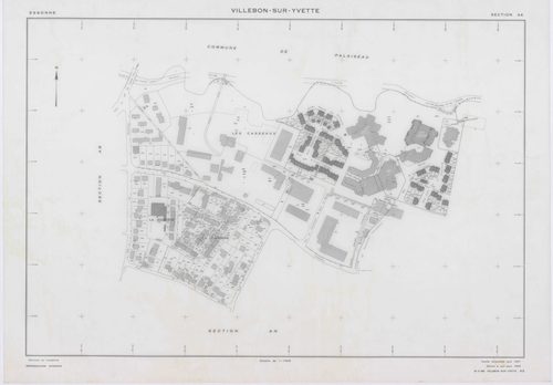 VILLEBON-SUR-YVETTE, plans minutes de conservation : tableau d'assemblage,1957, Ech. 1/10000 ; plans des sections A, B, D1, D2, E1, E2, 1957, Ech. 1/1250, sections AB, AC, AD, AE, AH, AI, AL, 1957, Ech. 1/1000, section AK, 1957, Ech. 1/2000, section AN, 1