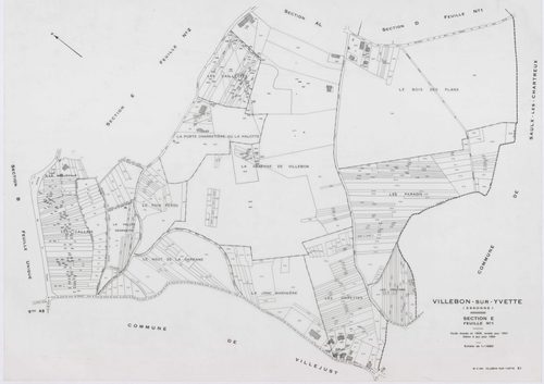 VILLEBON-SUR-YVETTE, plans minutes de conservation : tableau d'assemblage,1957, Ech. 1/10000 ; plans des sections A, B, D1, D2, E1, E2, 1957, Ech. 1/1250, sections AB, AC, AD, AE, AH, AI, AL, 1957, Ech. 1/1000, section AK, 1957, Ech. 1/2000, section AN, 1