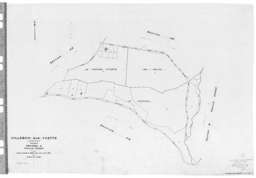VILLEBON-SUR-YVETTE . - Cadastre de 1808 mis à jour pour 1957 : plans de la section A, section B, section D 1ère feuille, idem 2ème feuille, section E 1ère feuille, idem 2ème feuille ; cadastre renouvelé pour 1957 : plans de la section AB, section AC, sec